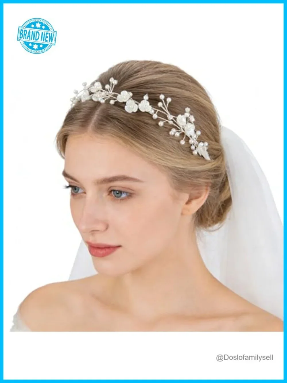 White Flower Pearl Bridal Headband Handmade Silver Wire Woven Hair Vine with